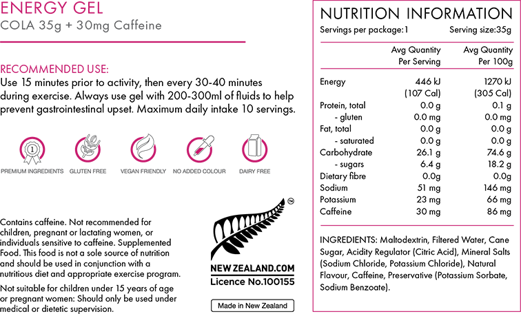 PEAKFUEL Cola 35g Energy Gels + 30mg caffeine - Box of 16